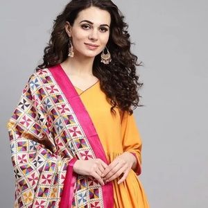 Women's Yellow and Pink Anarkali Dress
